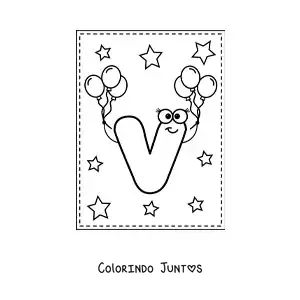 Desenho para colorir da letra V maiúscula animada com balões