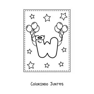 Desenho para colorir da letra W maiúscula animada com balões