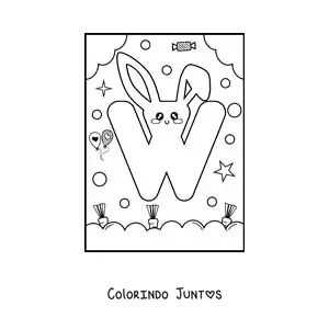 Desenho para colorir da letra W em forma de coelho kawaii animado