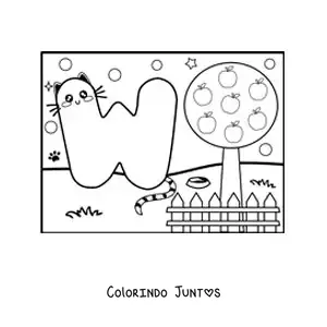 Desenho para colorir da letra W animada em forma de gato no parque