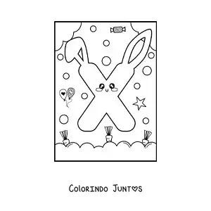 Desenho para colorir da letra X em forma de coelho kawaii animado