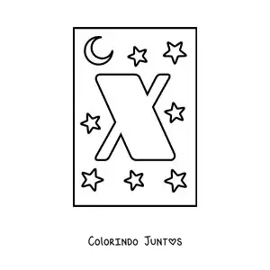 Desenho para colorir da letra X maiúscula com estrelas e uma lua