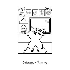 Desenho para colorir da letra X animada na escola