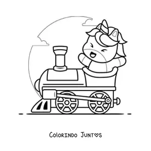 Desenho para colorir de um unicornio kawaii animado em um trem