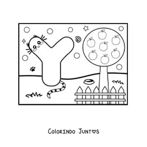 Desenho para colorir da letra Y animada em forma de gato no parque