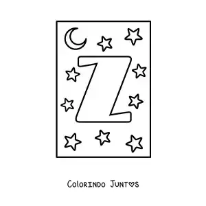 Desenho para colorir da letra Z maiúscula com estrelas e uma lua
