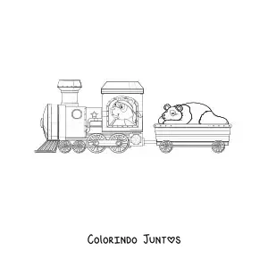 Desenho para colorir de dois pandas animados em um trem