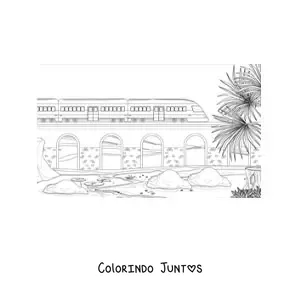 Desenho para colorir de um trem passando sobre uma ponte