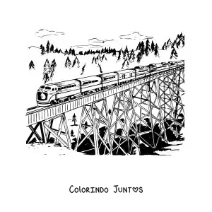 Desenho para colorir de um trem passando sobre uma ponte