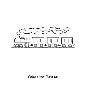Desenho para colorir de um trem a vapor com tres vagoes sobre trilhos