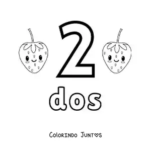 Desenho para colorir do cartão do número 2 para aprender a contar com frutas