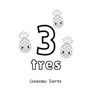 Desenho para colorir do cartão do número 3 para aprender a contar com frutas