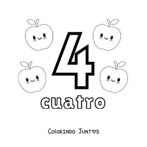 Desenho para colorir do cartão do número 4 para aprender a contar com frutas