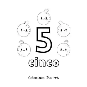 Desenho para colorir do cartão do número 5 para aprender a contar com frutas