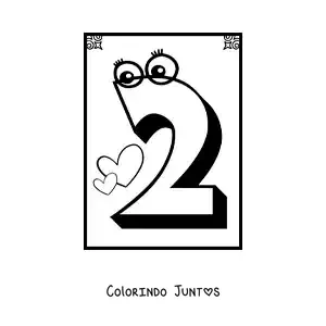 Desenho para colorir da ficha do número 2 animado para aprender a contar