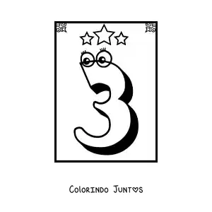 Desenho para colorir da ficha do número 3 animado para aprender a contar