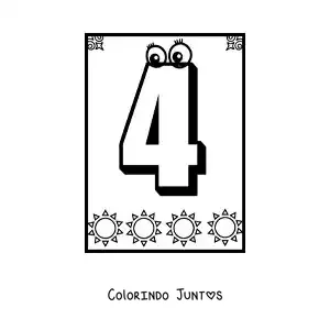 Desenho para colorir da ficha do número 4 animado para aprender a contar