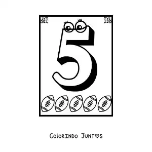 Desenho para colorir de ficha do número 5 animado para aprender a contar
