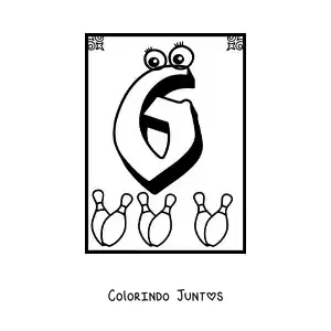Desenho para colorir de ficha do número 6 animado para aprender a contar