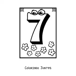 Desenho para colorir de ficha do número 7 animado para aprender a contar