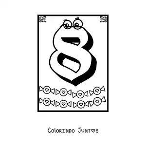 Desenho para colorir de ficha do número 8 animado para aprender a contar