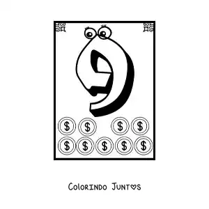 Desenho para colorir de ficha do número 9 animado para aprender a contar