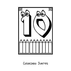 Desenho para colorir de ficha do número 10 animado para aprender a contar