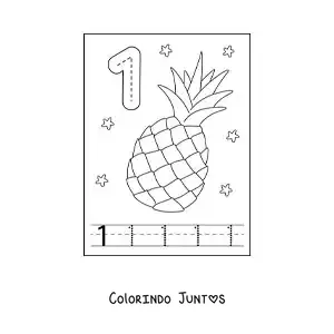 Desenho para colorir de cartão para aprender a traçar o número 1 e contar com frutas