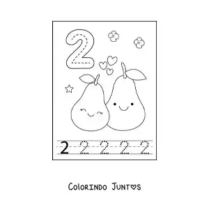 Desenho para colorir de cartão para aprender a traçar o número 2 e contar com frutas