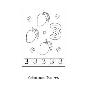 Desenho para colorir de cartão para aprender a traçar o número 3 e contar com frutas