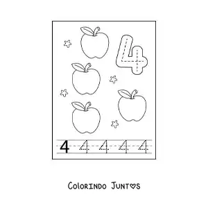 Desenho para colorir de cartão para aprender a traçar o número 4 e contar com frutas