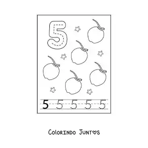 Desenho para colorir de cartão para aprender a traçar o número 5 e contar com frutas