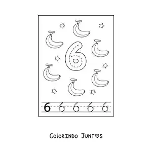 Desenho para colorir de cartão para aprender a traçar o número 6 e contar com frutas