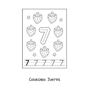 Desenho para colorir de cartão para aprender a traçar o número 7 e contar com frutas