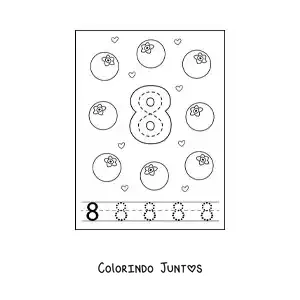 Desenho para colorir de cartão para aprender a traçar o número 8 e contar com frutas