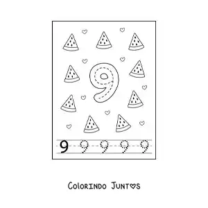 Desenho para colorir de cartão para aprender a traçar o número 9 e contar com frutas