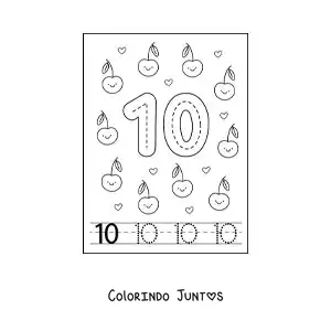 Desenho para colorir de cartão para aprender a traçar o número 10 e contar com frutas