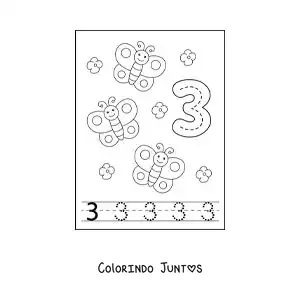 Desenho para colorir de atividade para traçar o número 3 e contar com desenhos animados
