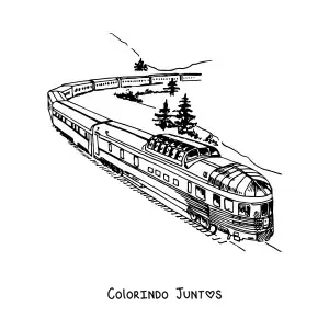 Desenho para colorir de um trem moderno sobre trilhos no campo