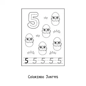 Desenho para colorir de atividade para traçar o número 5 e contar com desenhos animados