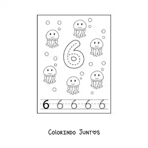 Desenho para colorir de atividade para traçar o número 6 e contar com desenhos animados