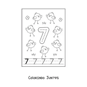 Desenho para colorir de atividade para traçar o número 7 e contar com desenhos animados