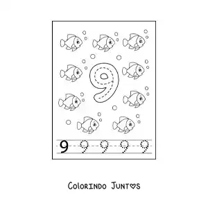 Desenho para colorir de atividade para traçar o número 9 e contar com desenhos animados