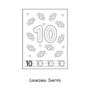 Desenho para colorir de atividade para traçar o número 10 e contar com desenhos animados