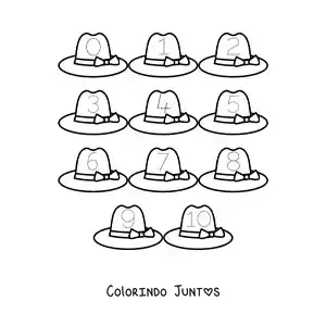 Desenho para colorir de atividade para traçar os números de 1 a 10 com chapéus
