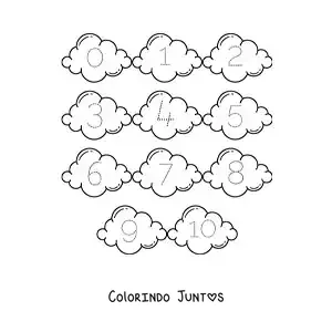 Desenho para colorir de atividade para traçar os números de 1 a 10 com nuvens