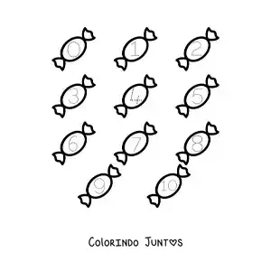 Desenho para colorir de atividade para traçar os números de 1 a 10 com balas