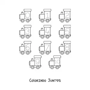 Desenho para colorir de atividade para traçar os números de 1 a 10 com trens