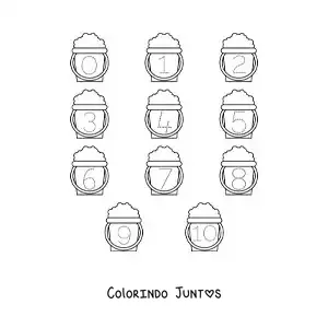 Desenho para colorir de atividade para traçar os números de 1 a 10 com baldes de areia