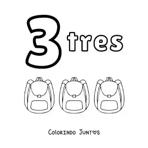 Desenho para colorir de ficha do número 3 para aprender a contar com desenhos divertidos